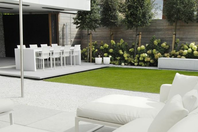 Modern garden furniture design in white landscape in a minimalist style