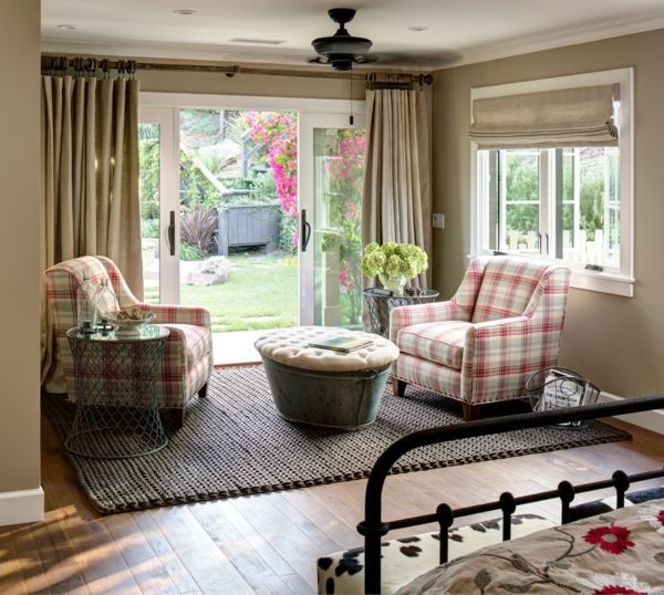 Natural colors, plants and checkered pattern in country style checkered armchair with checkered pattern Country style comfort bedroom furnishings
