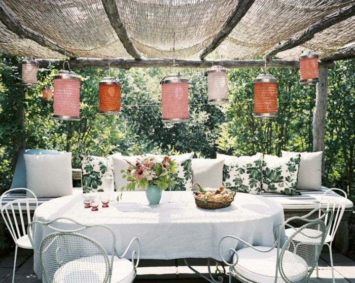 Pergola in the garden decoration with paper lanterns