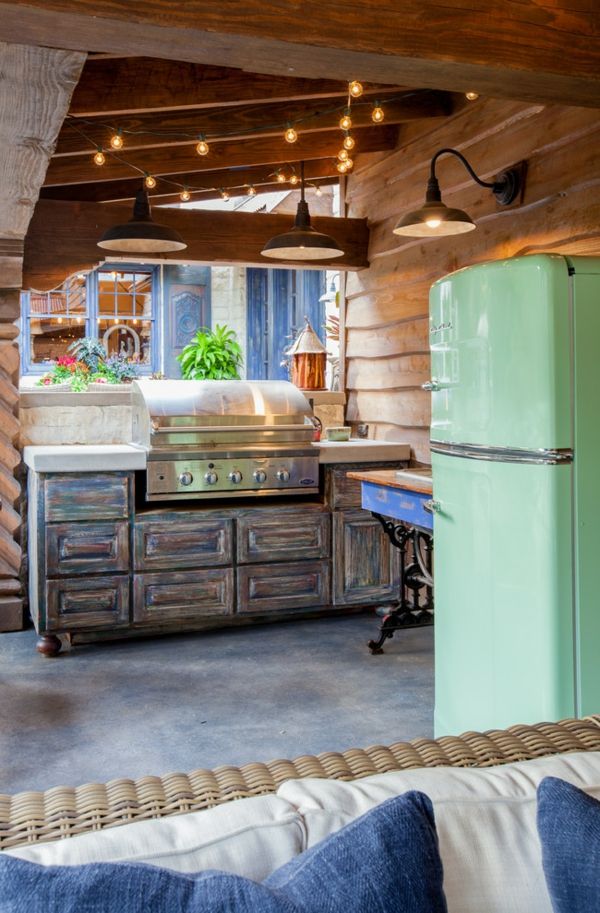 Rustic design of outdoor kitchen retro refrigerator in light green