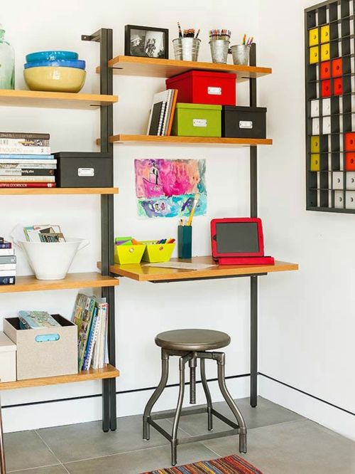 Chic home office - colorful design for the small study storage organization system home office home office open wall shelves