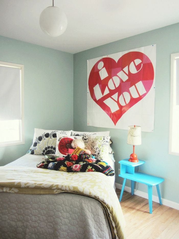 Schlafzimmer Deko Ideen Ich-liebe-dich-Poster Fototapete-romantische Einrichtung am Valentinstag