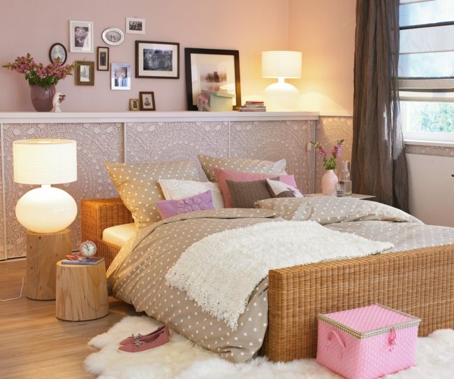 Bedroom in nude colors, wooden furniture, cozy carpet furniture design