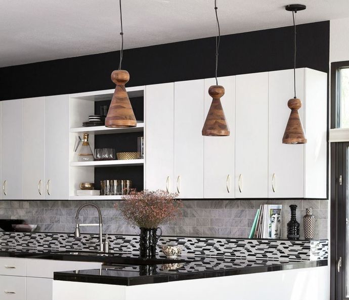 Black and white mosaic mirror surface hanging lights-kitchen open shelves