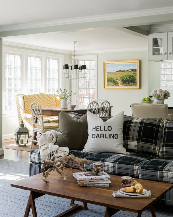 Black and white plaid sofa in eclectic living room plaid pattern
