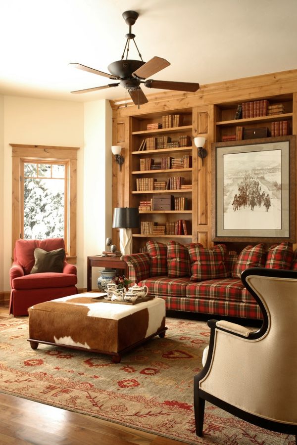 Sofa with trendy checked pattern checkered sofa country style coffee table made of fur Rustic house library