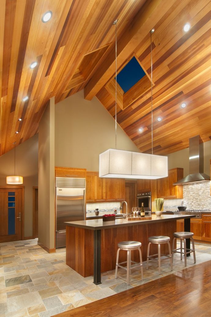 Pitched roof skylight wood recessed spotlight hanging lamp kitchen island bar stool metal modern-modern kitchen design
