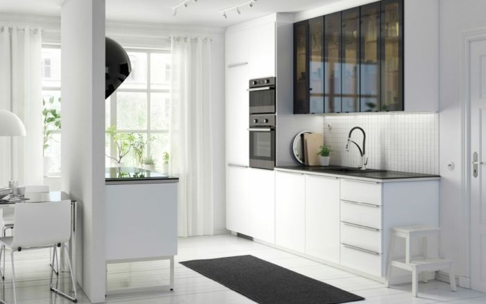 Stylish glass doors in high-gloss matt glass white modern kitchen shelves with glass doors