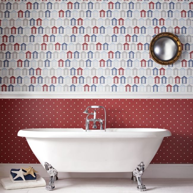 Beach huts in white, red and blue for the bathroom-bathroom wallpaper