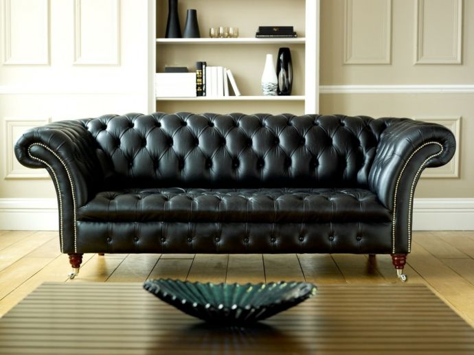 Wohnzimmer Einrichtung Chesterfield Sofa aus Leder in Schwarz-Sofa Design