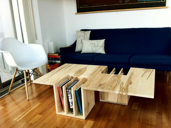 Wohnzimmer Ideen Gestaltung mit Eames Stuhl-Buchablage aus Holz