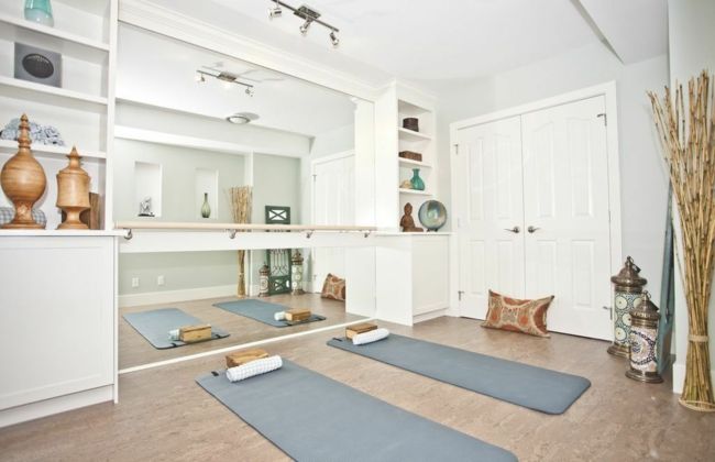 Yoga room, yoga mat, home accessories, floor cushions, white furniture