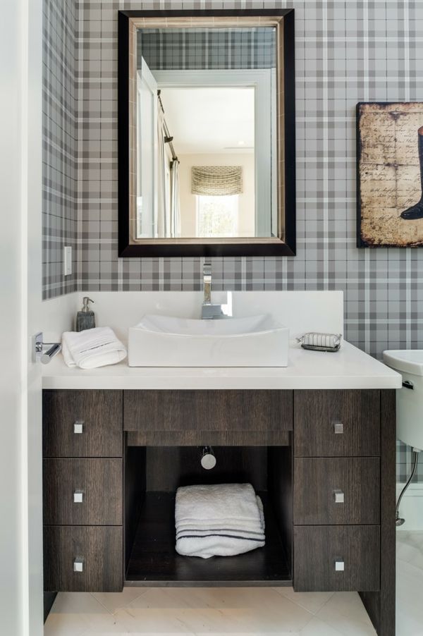 Restrained and stylish checked pattern as a wall design for the bathroom-bathroom sink cabinet design