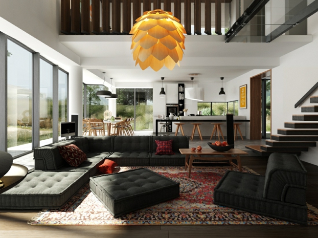 modular sofas in black, yellow ceiling light furnishing trends