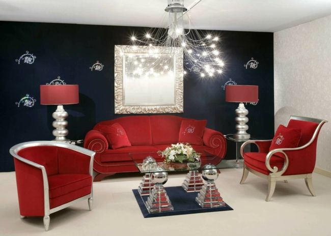 red furniture, blue wall, floor standing, ambience living room ideas