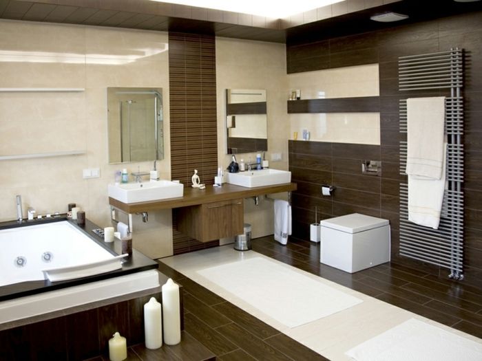 luxurious modern white bathroom with dark wood floors