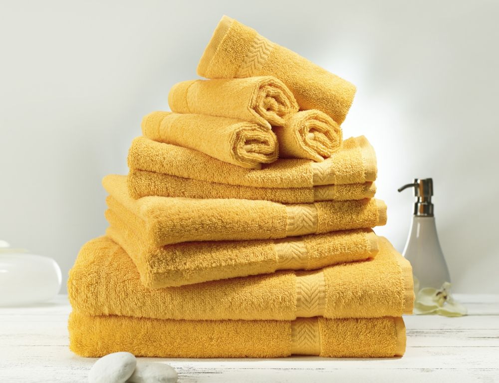 Terrycloth set in tall yellow bathroom accessories
