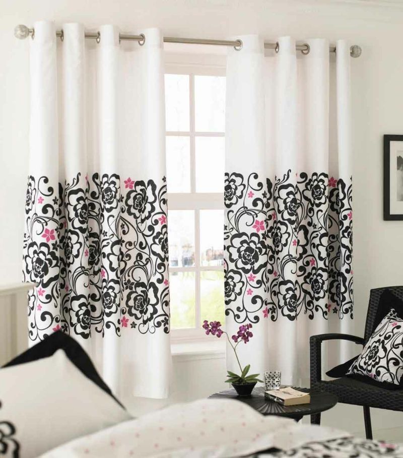 Curtains with floral pattern curtain fabric flowers white black pink