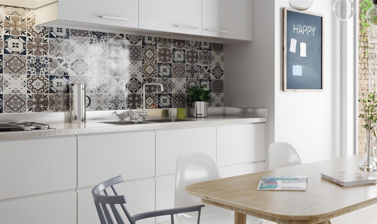 Kitchen eclectic tile pattern white fronts
