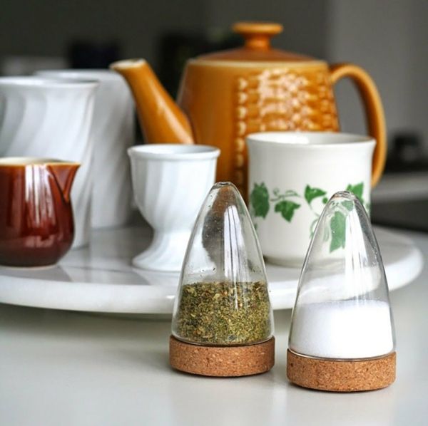 Kitchen gadgets made of glass and cork salt shaker, pepper shaker