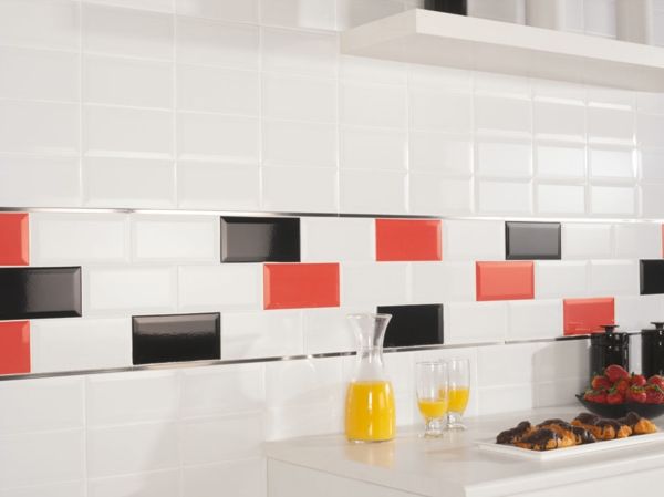 Kitchen splashback red black white tiles