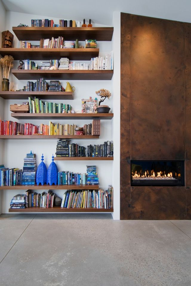 Open wall shelves with great color accents-open wall shelf books arrangement