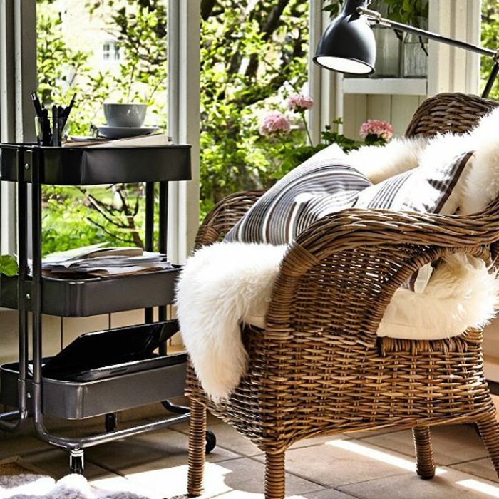Rattan armchair with lambskin imitation Ikea seating home office hobby