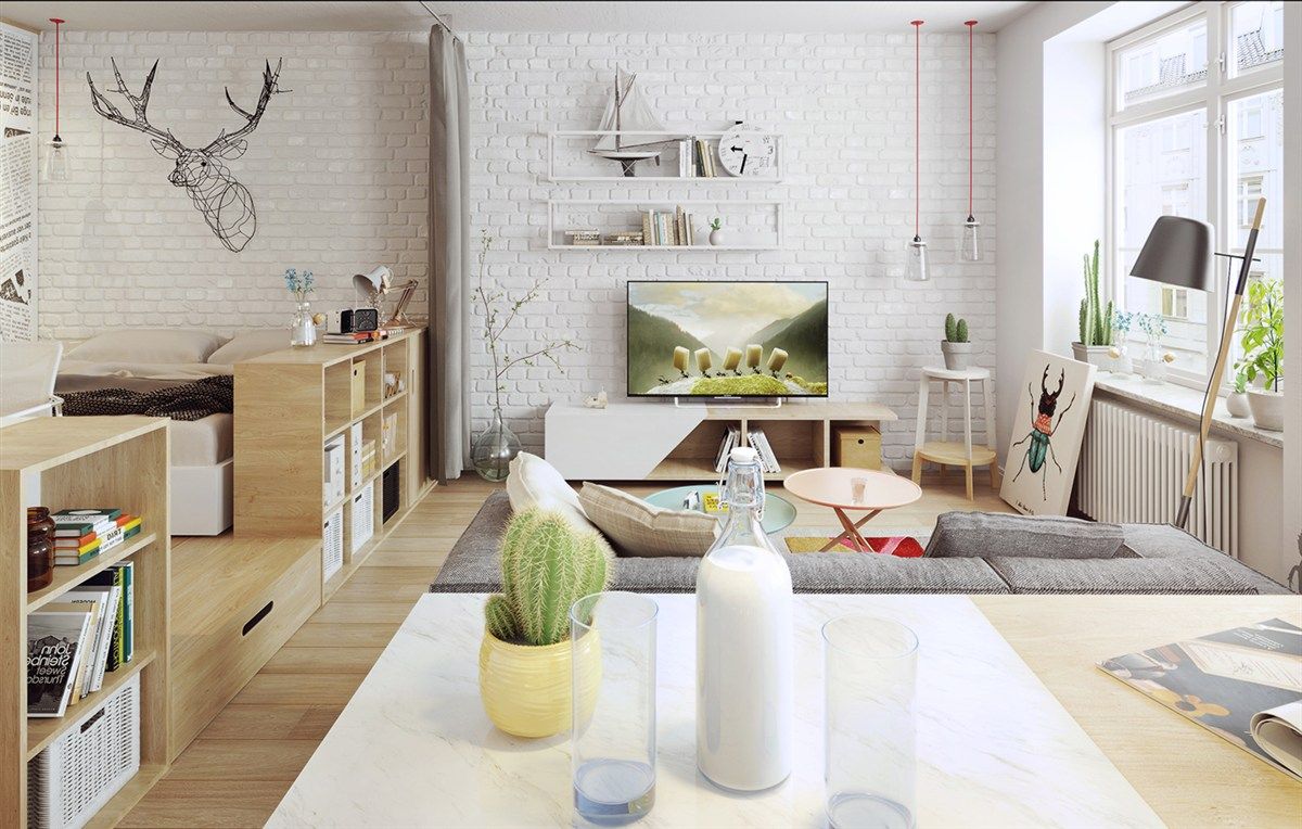 Trendy living room brick wall white