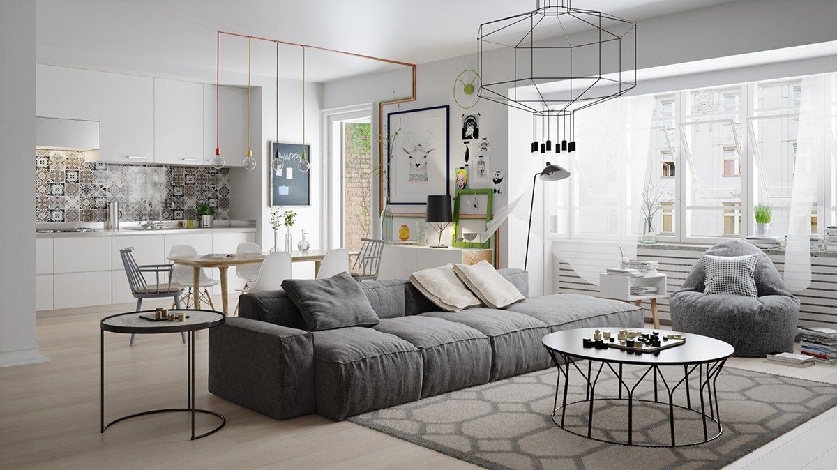 Living room Scandinavian style geometric shapes gray