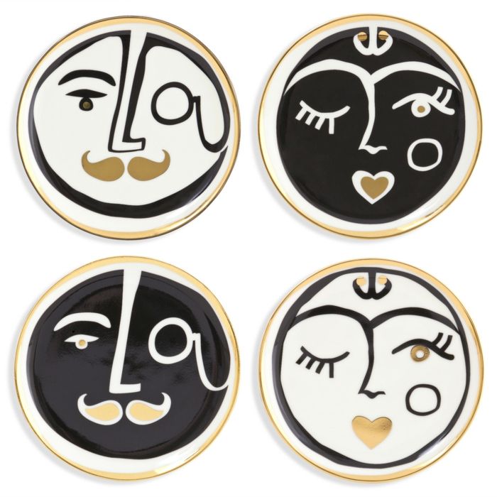 Winking faces table coaster black white gold