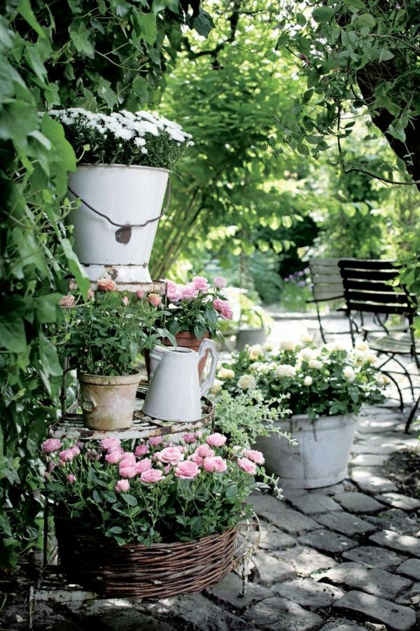 Flower garden in buckets and pots