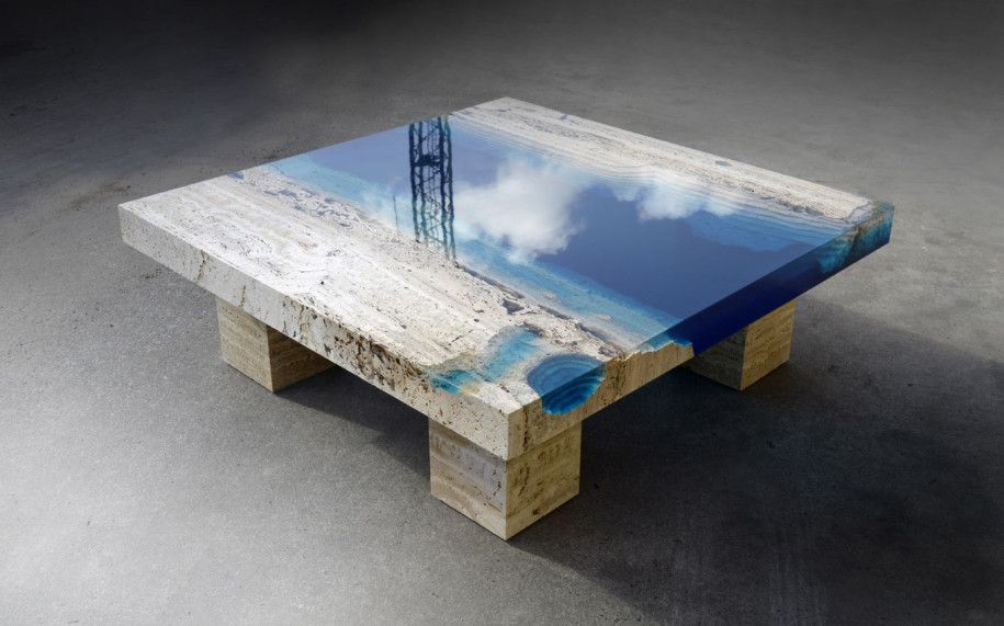 Designer side table lagoon look travertine resin