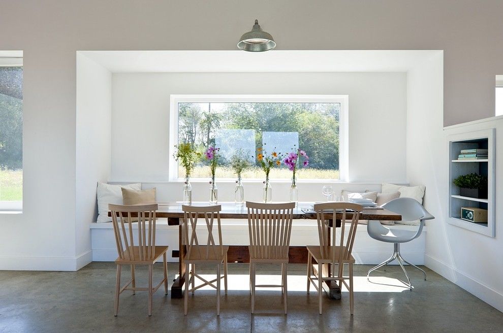 Dining area with special windows, land view, minimalist, open