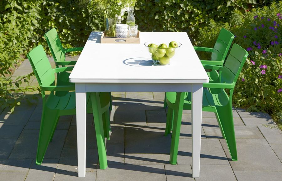 Gartensaison Mobiliar Gartentisch Stuhl Kunststoff weiß grün