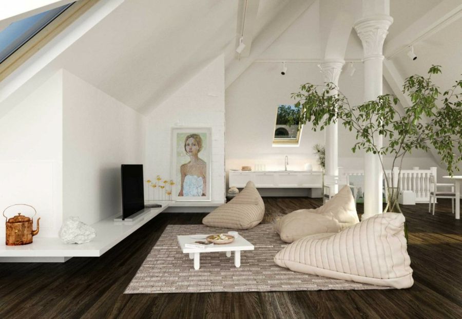 Generous living room sloping roof furnishing idea