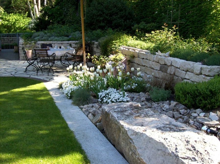 Home garden design, seating group, stone blocks, decoration