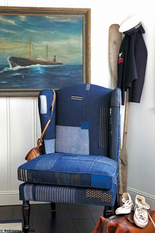 Patchwork jeans armchair in a maritime style