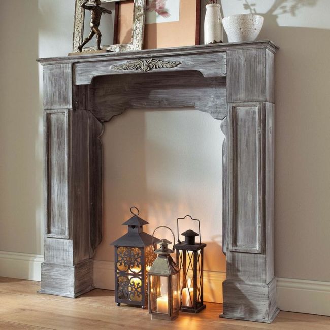 Fireplace console decorative vintage lanterns pillar candles