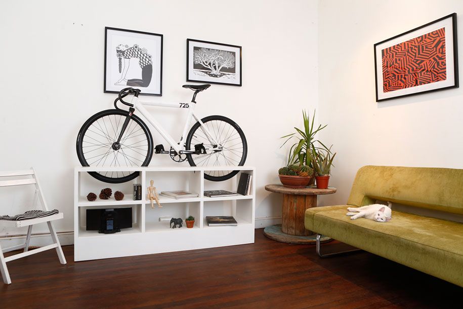 Modern living room cupboard, space-saving bike stand