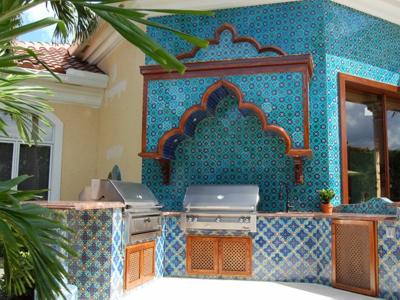 Patio garden kitchen built-in grill tiles blue