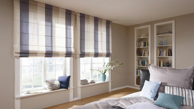 Bedroom design Roman blinds striped white purple