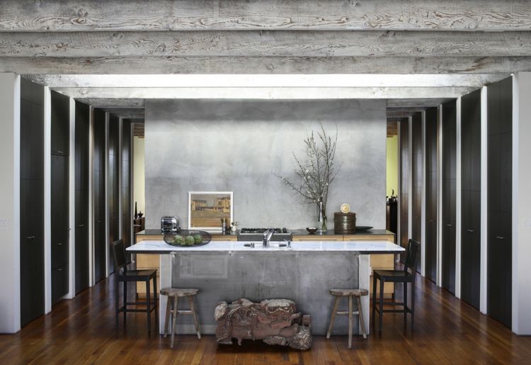 Exposed concrete wood kitchen system unusually rustic