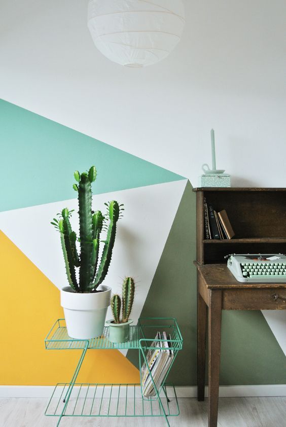 Wall decor triangles geometric mustard yellow olive green turquoise