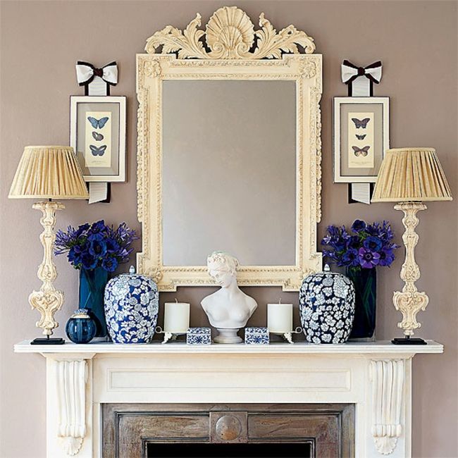 Living room fireplace console vases floor lamps decoration idea