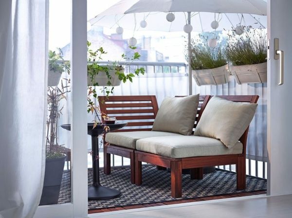 Balcony design, wooden furniture, armchair, seat pad, upholstery