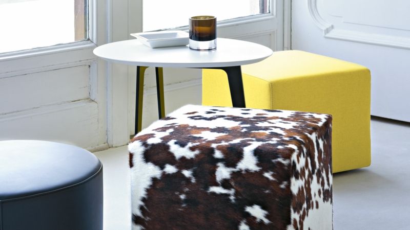 Side table pouf, cowhide, rectangular