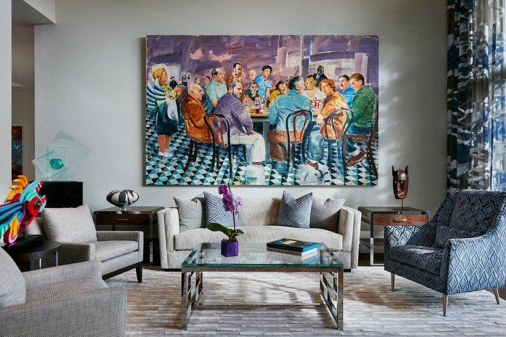 Chic living room design, textured large mural