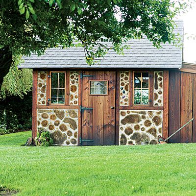 Cottage greenhouse wood stone brick