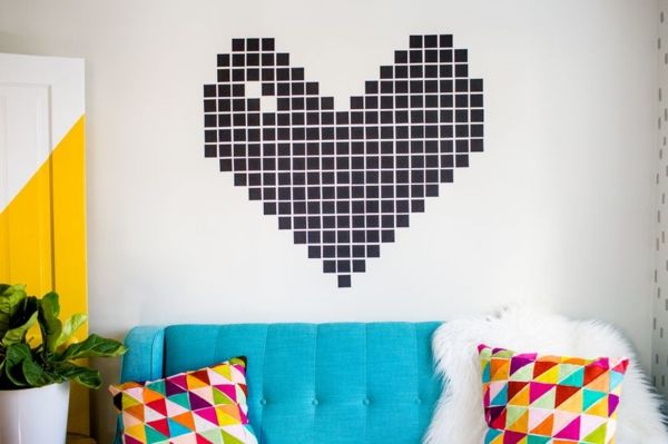 DIY pixel heart washi tape black wall decoration