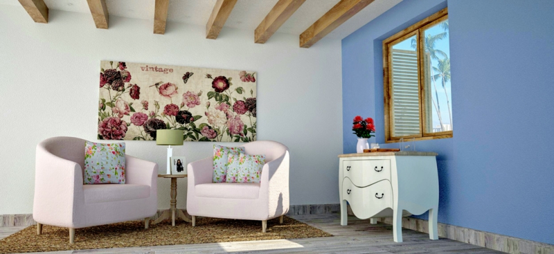 Frühlingsmotiven in hellen Nuancen wie Rosé, Beige und Hellblau für das Wohnzimmer